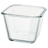 An empty, clear glass food container from IKEA 365+. It is square-shaped with smooth edges and a transparent design.