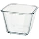 Option: An empty, clear glass food container from IKEA 365+. It is square-shaped with smooth edges and a transparent design.