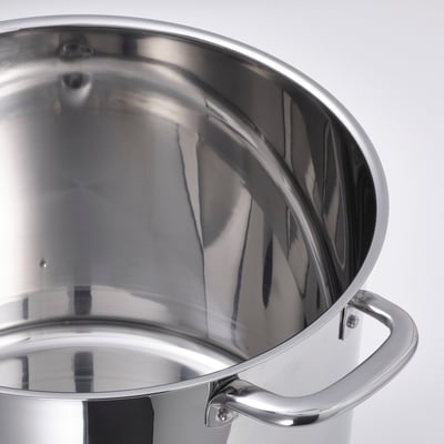 Shiny silver IKEA 365+ stockpot, stainless steel, round shape, two handles, sleek design.