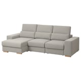 Modern grey l-shaped sofa, light wood legs, high back, adjustable headrests.