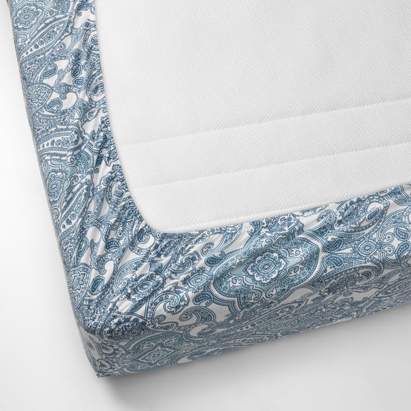 JÄTTEVALLMO Fitted sheet, white/blue, 160x200 cm