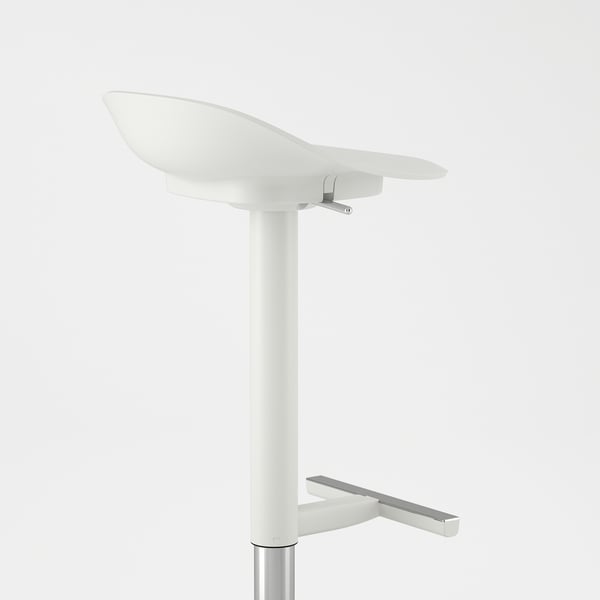 Modern height-adjustable white chair with sleek design and chrome footrest. Perfect for office or home use.
