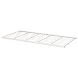 A white JOSTEIN wire shelf. Its made of powder-coated steel, rectangular, and designed for outdoor or humid indoor use.