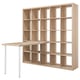 KALLAX light brown wooden bookshelf-desk combo with multiple shelves and adjustable table.