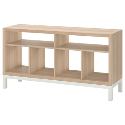 KALLAX tv bench: light wood, modern design, open shelves, white legs.