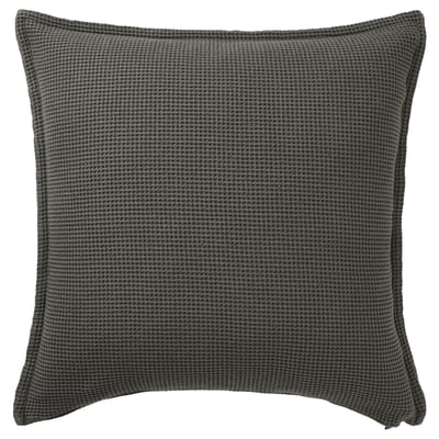 Dark gray square pillow, waffle texture, zipper closure.