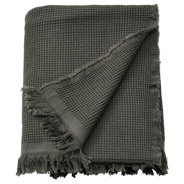 KLOTSTARR anthracite throw: waffled cotton-viscose blend, fringed edges, soft & textured.