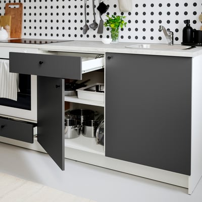 KNOXHULT kitchen units: white and grey base, two drawers, two cabinets, marble effect top.