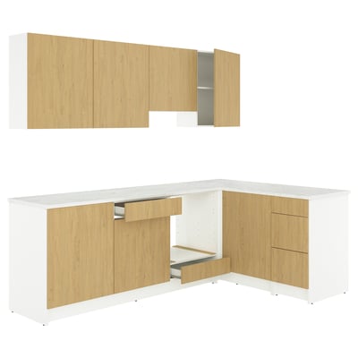 KNOXHULT l-shaped kitchen with oak and white marble, featuring multiple drawers, cabinets, and a corner unit for ample storage.