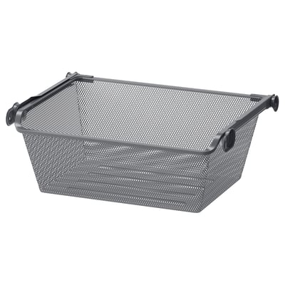 An empty gray metal mesh storage basket with handles. Its rectangular and designed for organizing clothes or accessories.