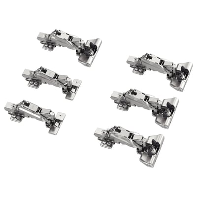 Six silver metallic hinges with black dampers arranged in two rows of three.