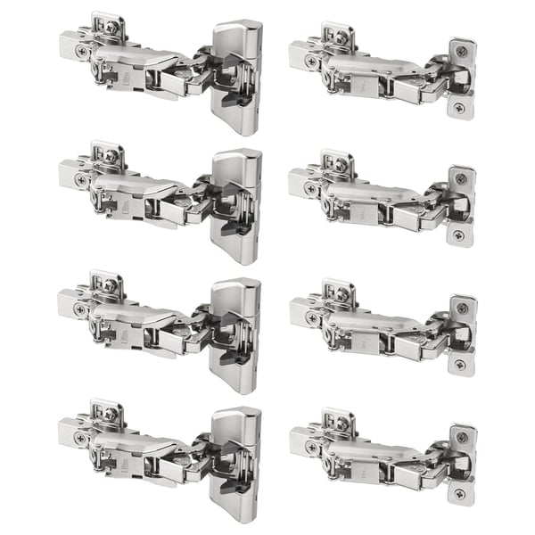 Eight silver metal hinges displayed in pairs, each with adjustable parts for smooth closure.