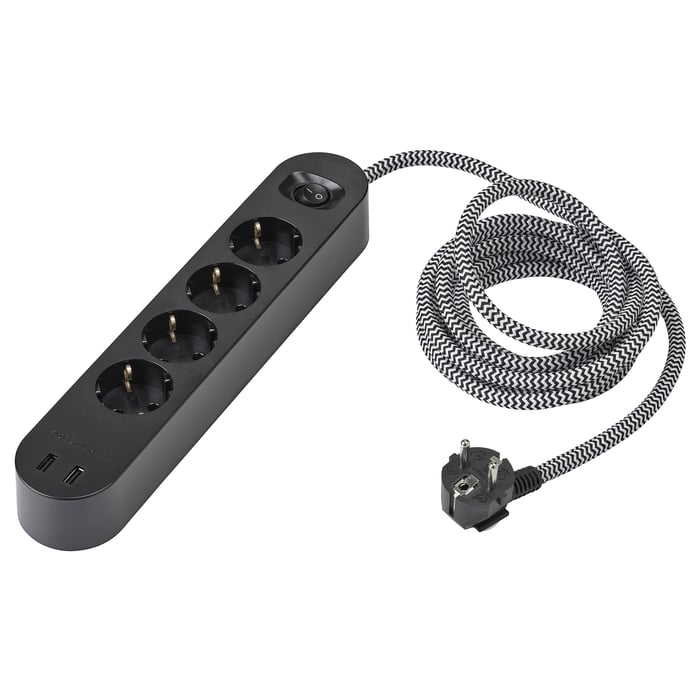 KOPPLA 4-way socket with 2 USB ports, black/white/textile, 3.0 m - IKEA