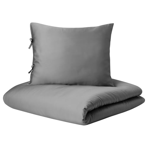 KRITSUGA grey quilt set: silky smooth, sateen-woven lyocell fabric in square shape with decorative ribbon ties.