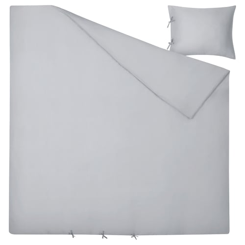 Light grey silky smooth bedding set with lustrous sateen-woven lyocell fabric, featuring decorative ribbons, a concealed pocket, and two pillowcases.