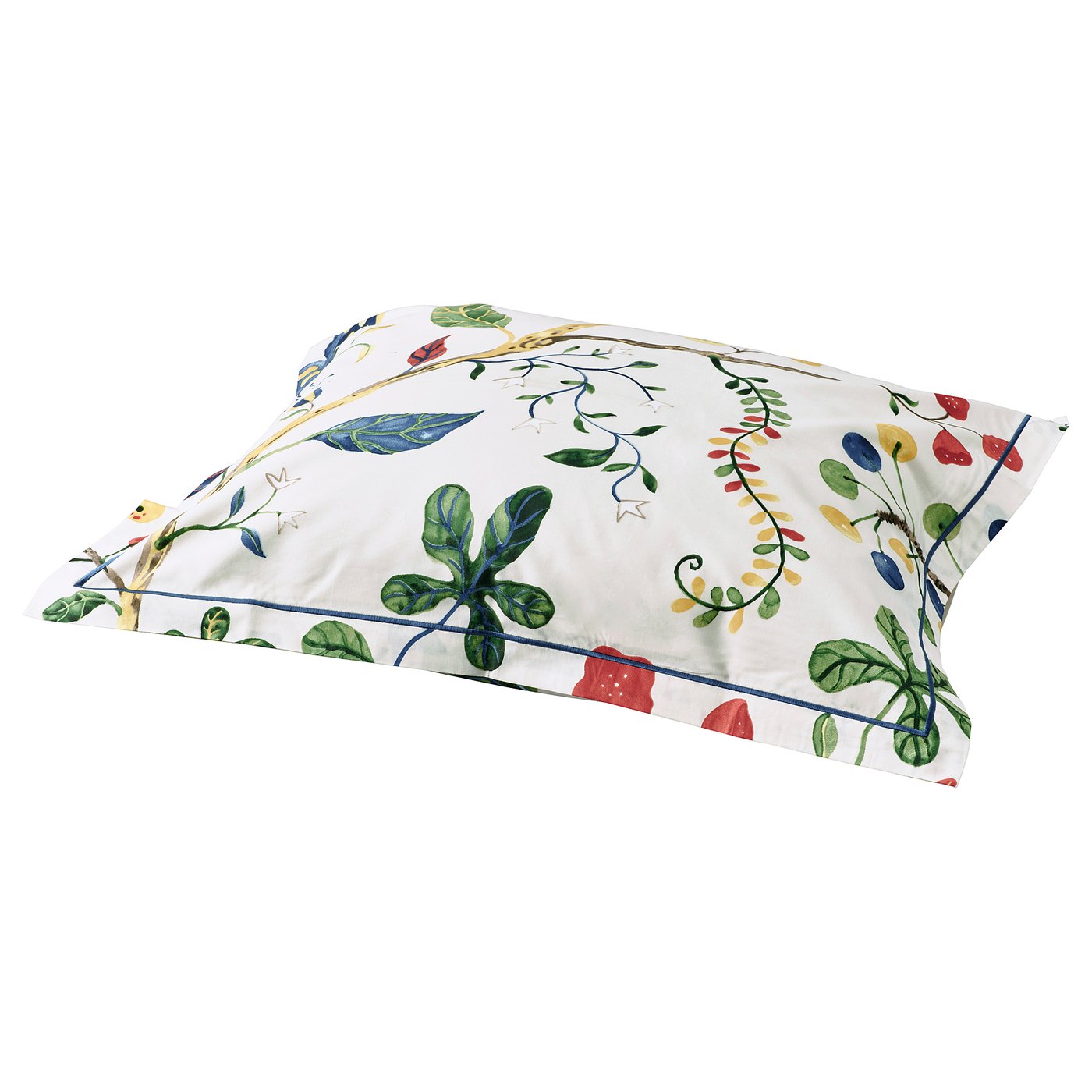 KRONBUSKE pillowcase, white with green, blue, red floral leaves. Square shape, nature-inspired pattern.