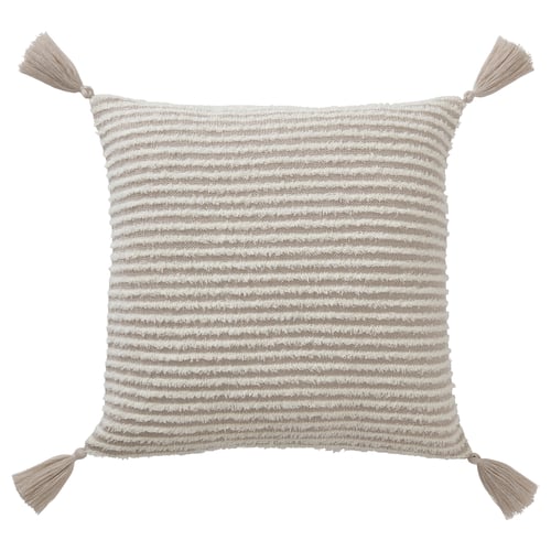 KRYPLJUNG pillow, natural striped covers, soft material, square shape, with tassels.