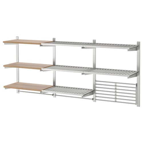 KUNGSFORS silver shelf set, wall-mounted, 3 adjustable shelves for kitchen storage.