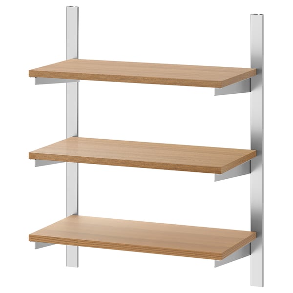 KUNGSFORS: three wooden shelves with silver brackets, sleek and modern, ideal for kitchen storage.