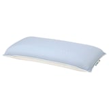 A blue KVARNVEN pillow with a honeycomb pattern, designed for side and back sleepers, memory foam on one side and cooling fabric on the other.