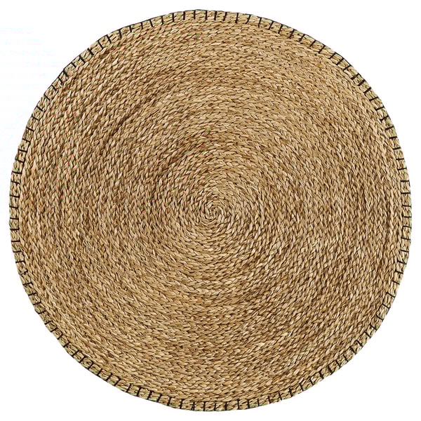 Handwoven KYSING round jute rug, natural brown color, spiral design, durable seagrass material.