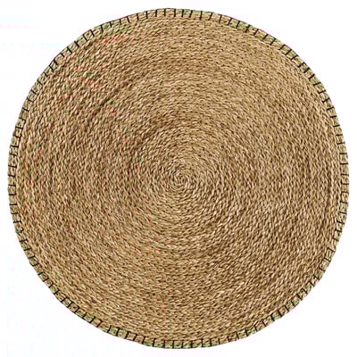Handwoven KYSING round jute rug, natural brown color, spiral design, durable seagrass material.