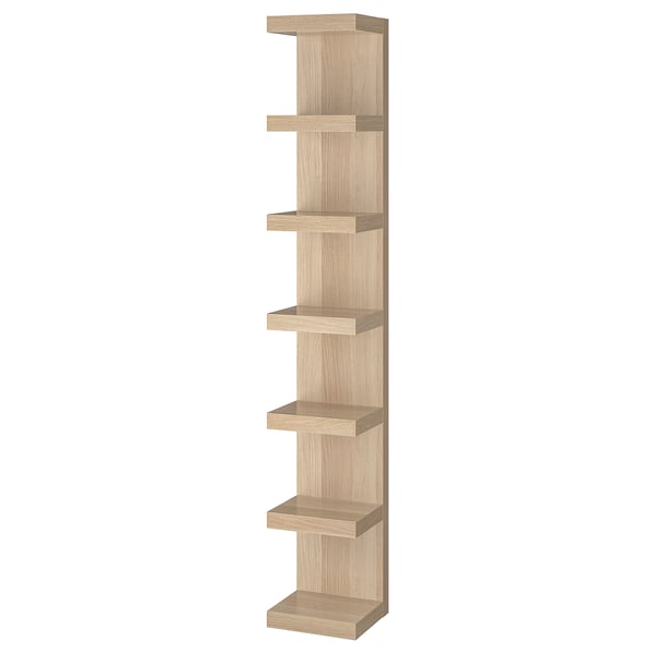 Beige ikea LACK wall shelf, minimalist design with six horizontal shelves, space-efficient storage.