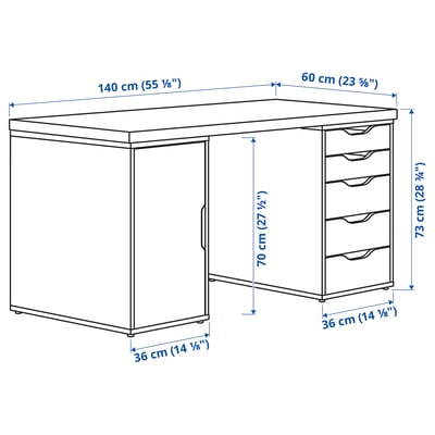 This image an all-white ikea LAGKAPTEN desk with a cabinet and drawers. It has a sleek, modern design for home offices.