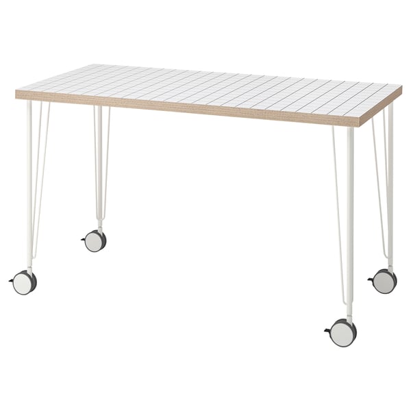 LAGKAPTEN white tabletop with symmetrical square pattern on white hairpin legs with castors.