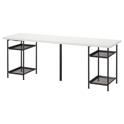 LAGKAPTEN: modern white desk with black metal legs and two mesh shelves for storage.