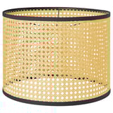 A gold-colored, woven bamboo lampshade named LÅNGSKEPPS. It has a cylindrical shape with intricate patterns and a black edge.