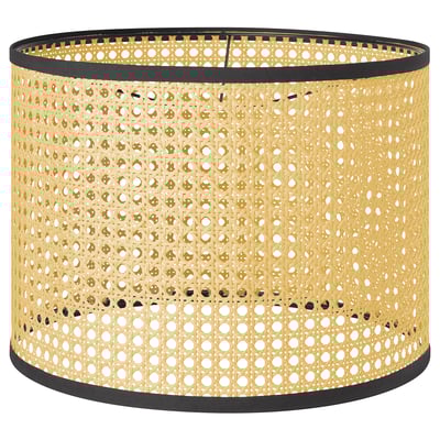 A gold-colored, woven bamboo lampshade named LÅNGSKEPPS. It has a cylindrical shape with intricate patterns and a black edge.