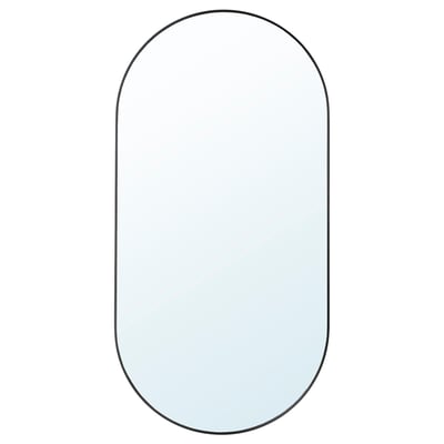 LINDBYN oval mirror, black frame, soft rounded edges, reflective glass center.