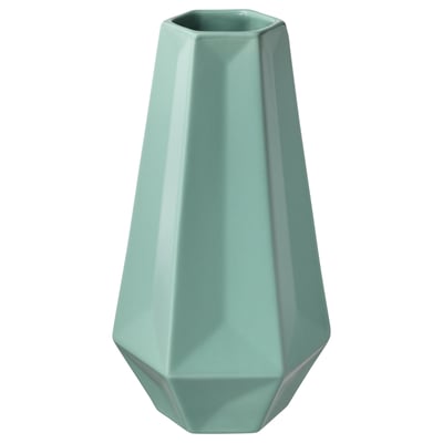 LIVSLÅNG, turquoise ceramic vase, hexagonal shape, modern design, plain surface, flower holder.