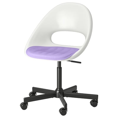 A LOBERGET office chair, white with a purple seat pad, on wheels with a modern, ergonomic design.