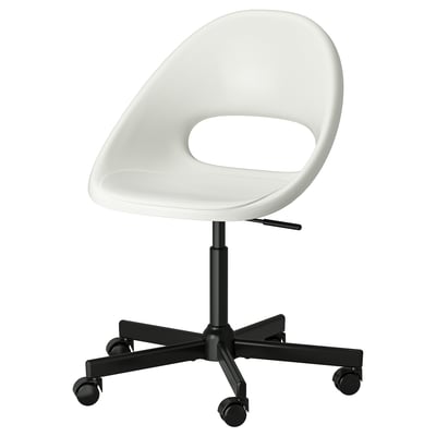 A white LOBERGET office chair with a sleek design and adjustable height, supported by five black swivel casters.