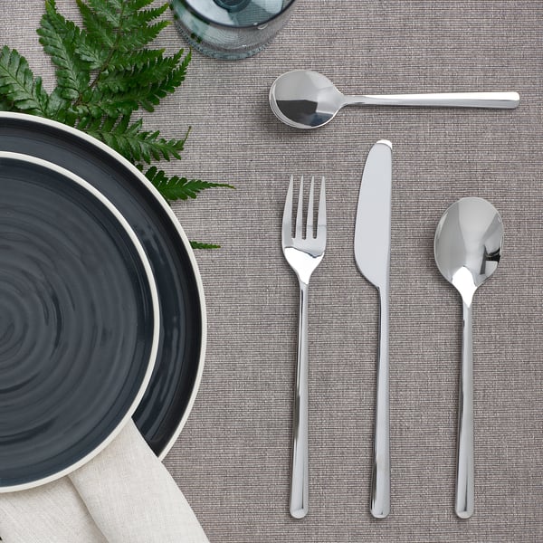 LÖFTESRIK cutlery: steel fork, knife, spoon, bowl, modern design.