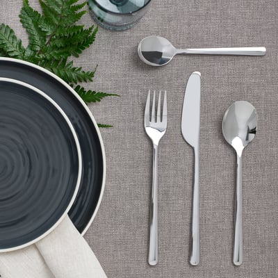 LÖFTESRIK cutlery: steel fork, knife, spoon, bowl, modern design.