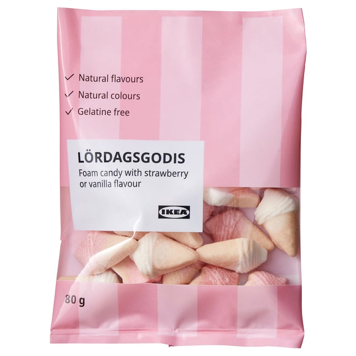 LÖRDAGSGODIS Foam candy, with strawberry or vanilla flavour, 80 g IKEA