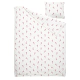 White bedding set with red candy cane prints; includes duvet and pillowcase; smooth cotton material.