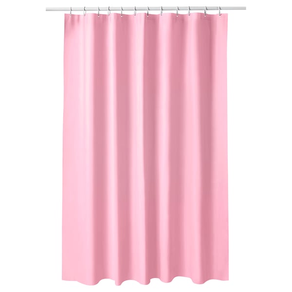 Light pink solid shower curtain with scalloped edge, hanging straight, made of eva plastic.