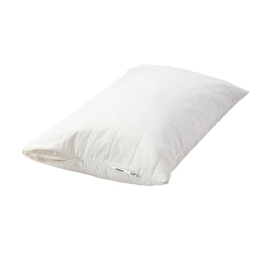 A white LUDDROS pillow protector, rectangular with a zipper, designed to keep pillows clean and stain-free, made of polyester and cotton material.