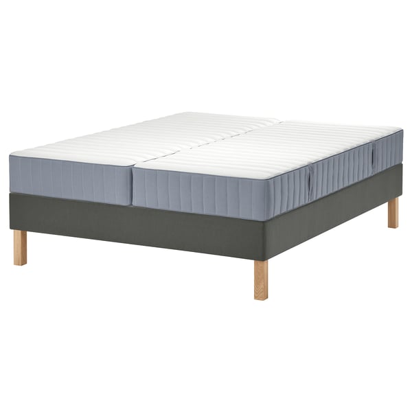 Ikea LYNGÖR bed base: gray, wooden legs, rectangular, flat slats supporting mattress.