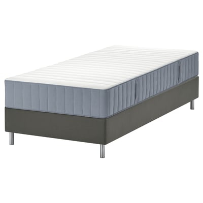 Gray LYNGÖR bed with blue mattress, featuring five comfort zones and pocket springs; supported by a black base with metal legs.
