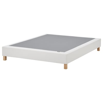 White LYNGÖR bed base with wooden legs.