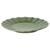 Green glazed stoneware plate, scalloped edge, handcrafted design.