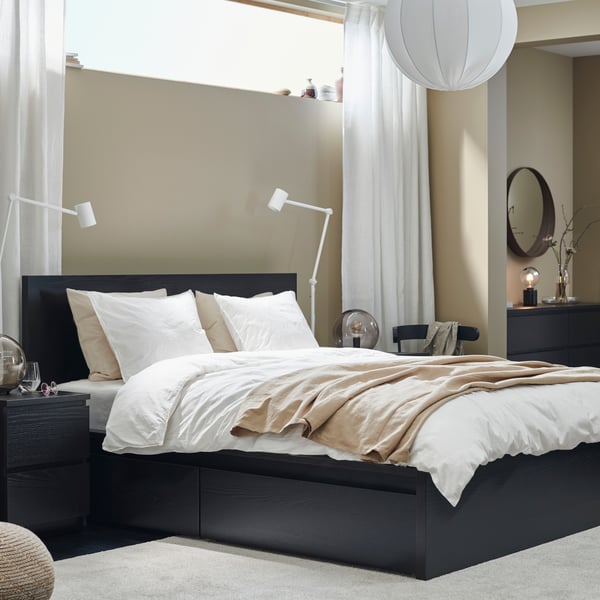 MALM Bed frame, high, w 2 storage boxes, black-brown, 160x200 cm