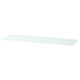 A clear glass shelf, rectangular, and thin, ideal for placing on top of furniture.
