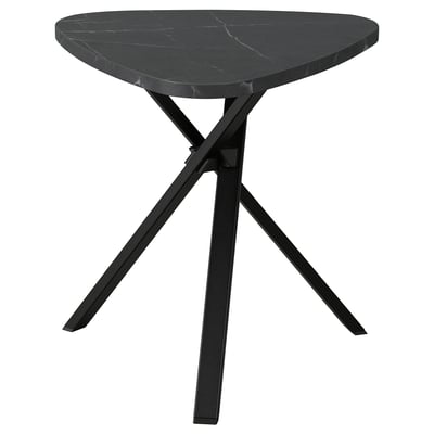 Modern black side table with triangular marble top and criss-cross metal legs.