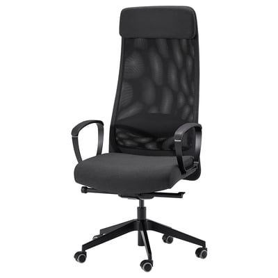 Black ergonomic office chair MARKUS with mesh back, armrests, and wheels.